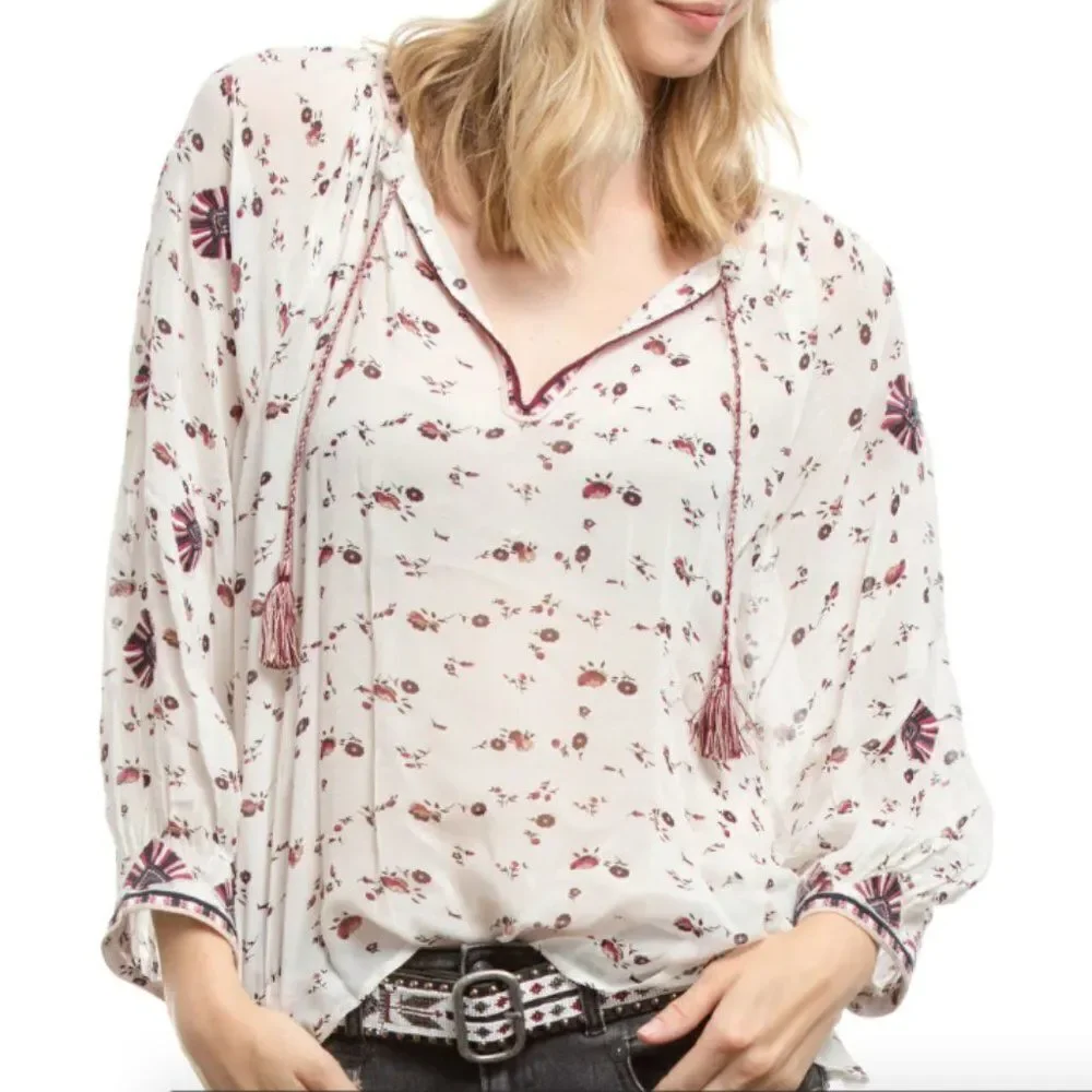 Ulla Johnson white purple floral silk embroidered tassel Leda Gardenia blouse